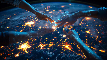 Hands from different parts of the world touching over a network of glowing Ethernet cables, illustrating global connection
