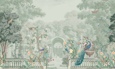 Vintage Roman mural wallpaper with garden, forest, peacock, bird, flower vase, botanical plant landscape illustration