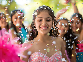 Joyful Quinceañera Girl Celebration with Confetti and Friends