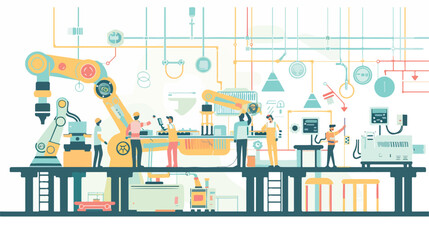 Vector illustration a production line with workers