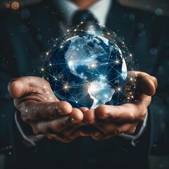 Businessman carry earth globe Hologram invest
