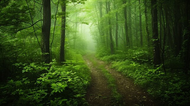 Path winding through a secluded forest, the deep greens of the surrounding foliage enhancing the mysterious and secretive atmosphere