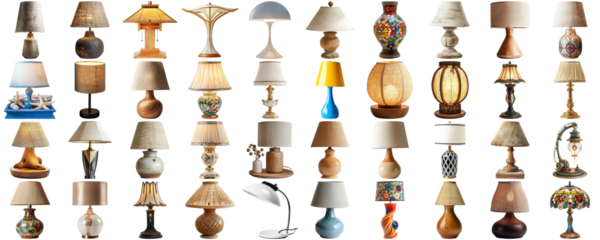 Big collection set of lamp in various styles retro vantage and modern bedside nightstand lighting different table lamp for interior decoration furniture element, isolated on transparent background