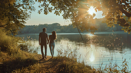 A loving couple walks near the lake. 