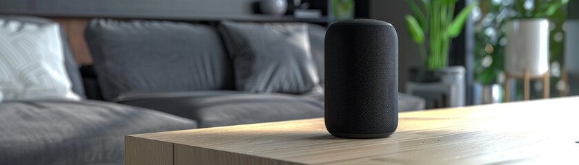 Innovative smart speaker in sleek black, featured in a modern home setting for a cuttingedge technology advertising shoot