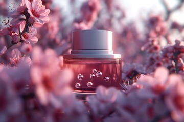 A conceptual image of a luxury perfume bottle surrounded by soft pink cherry blossoms and light bubbles.
