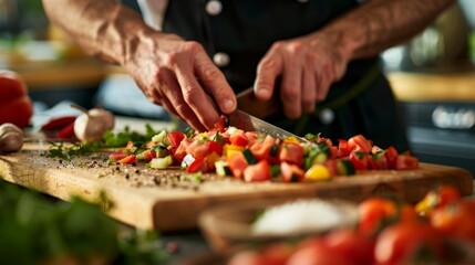 Obraz na płótnie Canvas Closeup of a chefs hands chopping fresh vegetables on a colorful cutting board