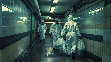 Three people in white hazmat suits carrying bags of medical waste trash walking down the hallway of an underground subway station, pandemic outbreak