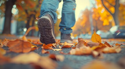 A person walks down a sidewalk lined with fallen leaves in autumn, kicking them up with each step