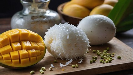 Ripe mango peeled-showing yellow flesh inside Place
