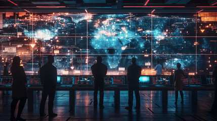 Analyst picture Cyber Security Operations Center with AI-powered screens and maps of global networks ,Protecting digital infrastructure ,technology ,digital