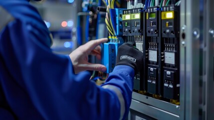 A person in a blue jacket is working on a machine, installing a compact edge computing device in a remote location