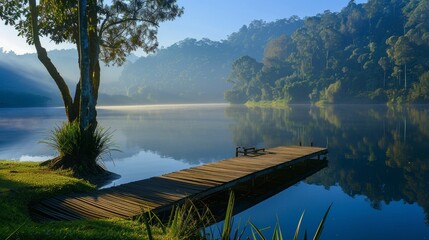 Gentle morning light over a peaceful, secluded lake, the crystalclear waters enhancing the calm and inviting atmosphere