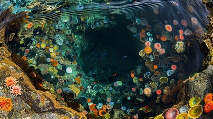 Underwater ocean view with vibrant colored bubbles floating among diverse marine life including colorful fish