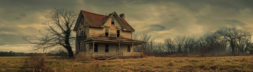 Forsaken abandoned house captured in dull browns, its decrepit structure and desolate setting emphasized in an evocative advertising shoot
