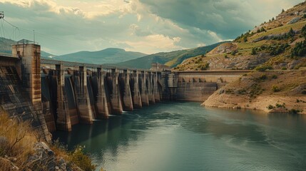 Dynamic advertising image of a powerful dam and hydroelectric station, integrated perfectly with the earthy browns of its natural setting