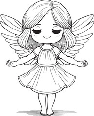 A cute little girl with wings is standing in a white dress