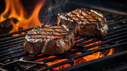 Grilled steaks sizzling in front of flames