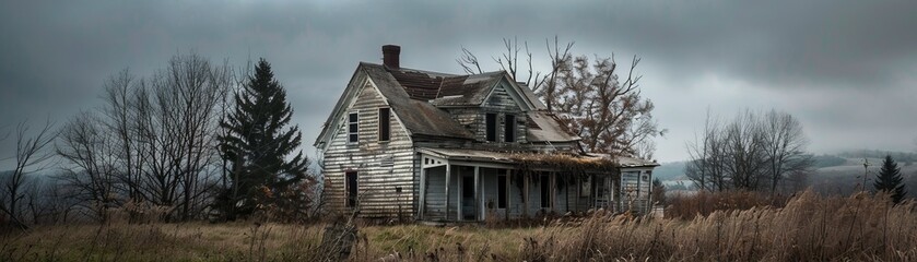 Desolate scene of an abandoned house, captured in muted grays to highlight its eerie solitude and forgotten history in an advertising shoot