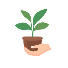 Hand holding small tree vector illustration, hand carrying plant on pot, flat icon design template elements, environment earth day concept