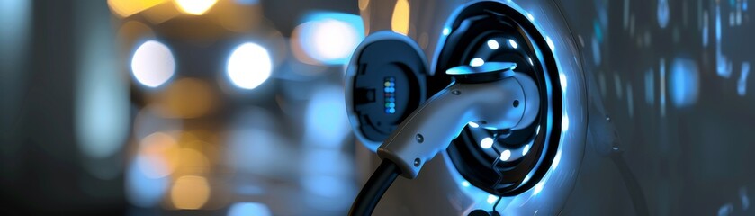 Obraz premium Closeup view of a sleek silver electric charging station with a futuristic design, perfect for highlighting modern technology in ads