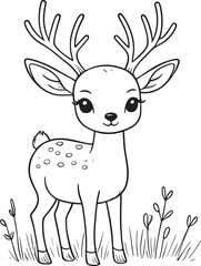 Deer, cute cartoon character, line drawing and colorful coloring page.