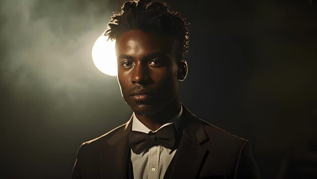 The soft glow of a spotlight shines down on a regal black man his impeccably styled hair reflecting the romance and glamour of a bygone era. Dressed in a fitted suit and bowtie he .