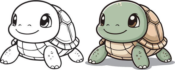 Obraz premium Cute cartoon character turtle, line drawings and colorful coloring pages.