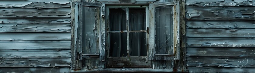 Closeup shot of the weathered exterior of an abandoned house, portrayed in muted grays to underscore its desolate and somber mood