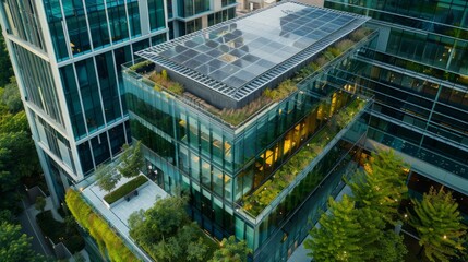 A birds eye view of a modern glass office building with a green roof and sustainable features like solar panels - Powered by Adobe