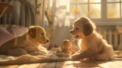 A baby is lying on the floor with a golden retriever puppy.

