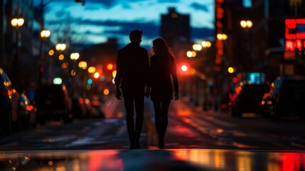 A couple walks hand in hand down a deserted city street at night