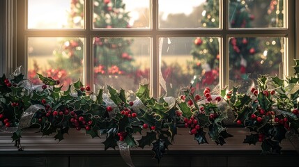 A window sill filled with holly branches and vibrant red berries, creating a festive Christmas border decor