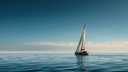 A sailboat is floating in the middle of the ocean, with its sails billowing under the sky. The boat is gliding across the open sea