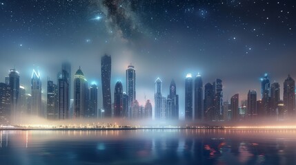 A panoramic view of a modern metropolis at night, featuring towering skyscrapers against a starry...
