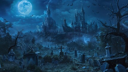 A spooky cemetery under a full moon at night