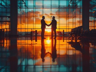 Two business men shaking hands in the airport lobby at sunset