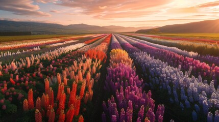 A wide-angle view of a field filled with colorful flower bushes, blossoming under a radiant sunset sky