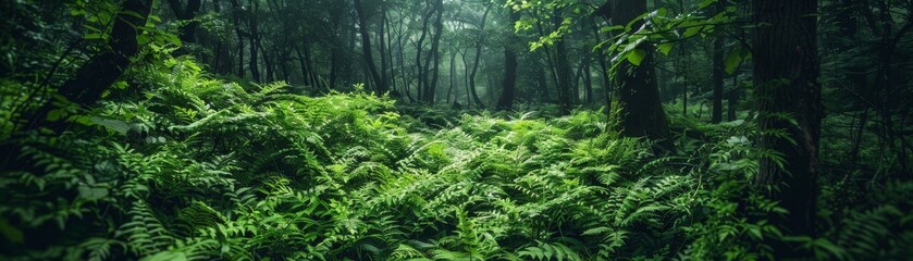 Fototapeta premium Closeup photo of the lush, deep green undergrowth in a secluded forest, highlighting the mysterious and wild nature of the environment