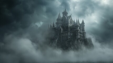 A wide-angle shot of a Halloween castle in a dark, stormy sky surrounded by mist
