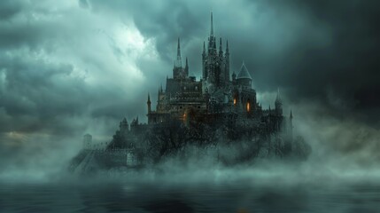 A Halloween castle floats on water, looming against a stormy sky with mist around it - obrazy, fototapety, plakaty