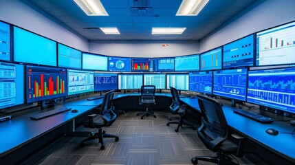 A room packed with multiple computer monitors displaying data traffic and bandwidth usage for cloud computing services in a network operations center