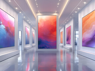 Vibrant Contrast: Glossy Frame Stands Out Amidst Colorful Abstract Paintings
