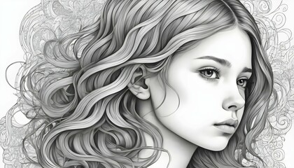 Craft a line art portrait of a girl with a contemp upscaled 3