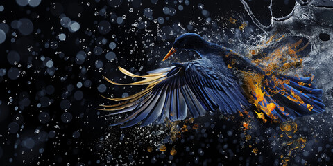 Schöner fliegender Vogel in blau Nahaufnahme in Zeitlupe als Querformat für Banner, ai generativ - obrazy, fototapety, plakaty