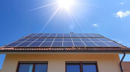 Fototapeta premium Closeup advertising image of solar panels on a suburban home s roof, set against a bright blue sky, ideal for promoting energy efficiency and sustainability
