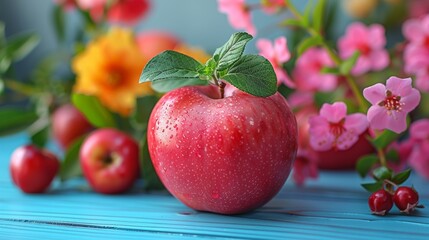 Close Up of an Apple With Leaves and Flowers. Generative AI