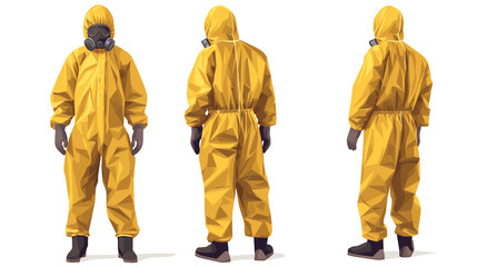 vector illustration of three full body view male wearing yellow hazmat suit, front back and side views on white background. Chemical and bio hazard protection gear concept