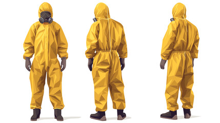 Fototapeta premium vector illustration of three full body view male wearing yellow hazmat suit, front back and side views on white background. Chemical and bio hazard protection gear concept