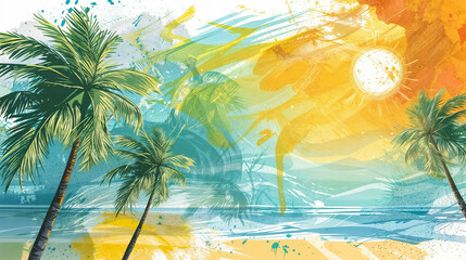 A painting of a beach with palm trees and a sun in the sky